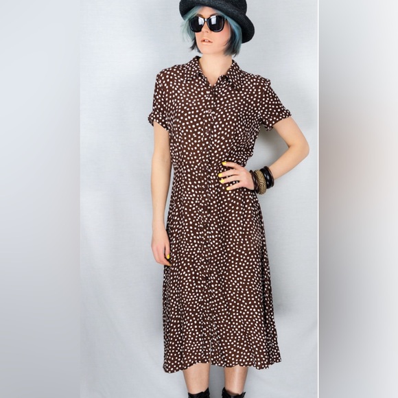 SHERI MARTIN NEW YORK Vtg Brown Polka Dot Print Dress - Picture 1 of 8